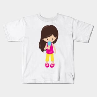 Girl With Ice Cream, Brown Hair, Cute Girl Kids T-Shirt